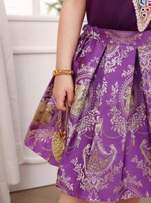 SHEIN Young Girls 2 Pieces Set:Purple Patchwork Organza Cap Sleeve Crop Top,V-Neck Embroidered Waist Tie & Loose Brocade A-Line Skirt - Purple - View 4