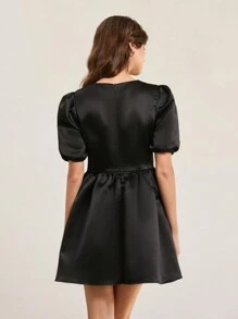 Femmeiva Italian Style 2-Tone 3D Red Rose Accent Open Shoulder Bodycon Mini Dress With Puff Sleeves,Black Floral,Summer,Elegant,Party Princess Dress - Black - View 2