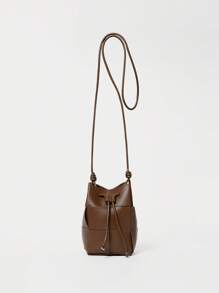 Mini Casual Woven Texture Drawstring Design Crossbody Bag - Coffee Brown - View 2