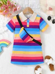 SHEIN 1 件休闲时尚彩色条纹衬衫领短袖连衣裙套装，带配饰，学院风