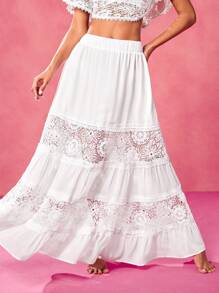VERO DIAZ Designer Women Boho Bohemian White Lace Chiffon Layered Panels Elastic Waistband Elegant Long Skirt For Spring & Summer Vacation, Beach, Cruise, Festival, Concert, Elegant, Ibiza Fits - White - View 5