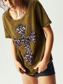 Bohemela BOHO Hippie  Solid Color Knit Round Neck Short Sleeve Loose Washed Women T-Shirt - Mocha Brown - View 4
