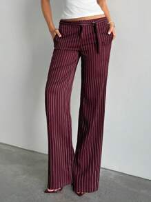 Aloruh 女士通勤休闲办公室外出酒红色 Ancora 条纹低腰裤