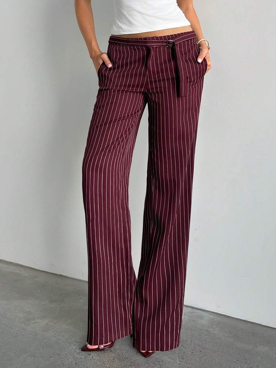 Aloruh 女士通勤休闲办公室外出酒红色 Ancora 条纹低腰裤