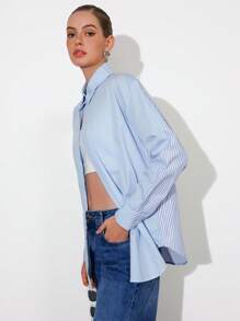 Aveloria Affinna Casual Loose Relaxed Oversized Splicing Striped Color Block Women Long Sleeve Shirt Fall Cloth For Women - Multicolor - View 2