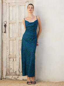 Aveloria Leopard Print Draped Cami Dress Vacation Outfits Woman  Elegant FashionableOld Money Style All Over Print For Summer - Blue - View 2