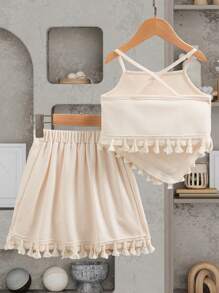 SHEIN Elladie kids 2PCS Young Girl Asymmetrical Hem Sling Top & Tasseled Hem Skirt Suit - Apricot - View 2