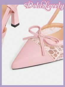 Dola Lovely 女士时尚仿珍珠蝴蝶结装饰舒适百搭洛丽塔高跟鞋春季鞋 - 粉色 - 查看 7