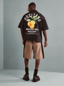 SUMWON Italian Riviera Graphic Print Shirt With Fresh Lemon Design, Streetwear Oversized Boxy Fit Short Sleeve Button-Up Summer Beach Casual Resort Wear