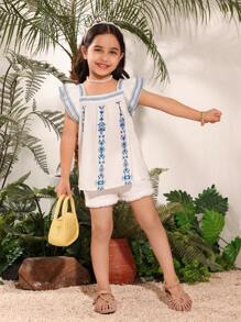 SHEIN Chemise mignonne à col carré et manches courtes avec imprimé floral pour jeunes filles, convient pour l'école, les sorties et les vacances