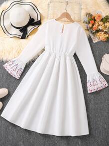 SHEIN Tween Girls' Resort Casual Geometric Print Flared Sleeve Dress,Holiday,Summer,Travel