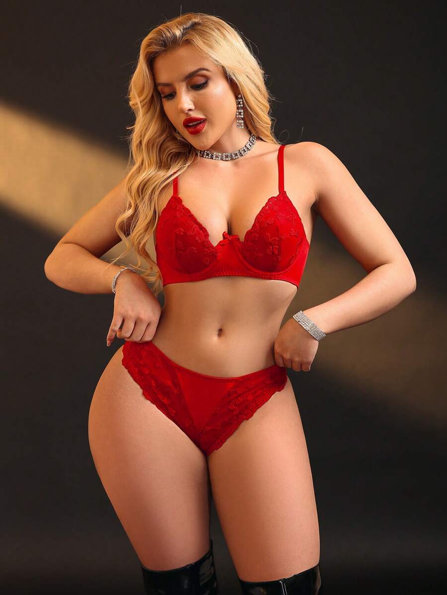 SHEIN Bộ đồ lót thêu màu trơn thanh lịch dành cho nữ - Đỏ - Xem 1