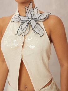 Lumalex Top sin espalda con cuello de halter, decoración floral 3D con lentejuelas para fiestas de lujo/festival de primavera