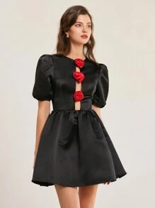 Femmeiva Italian Style 2-Tone 3D Red Rose Accent Open Shoulder Bodycon Mini Dress With Puff Sleeves,Black Floral,Summer,Elegant,Party Princess Dress - Black - View 7