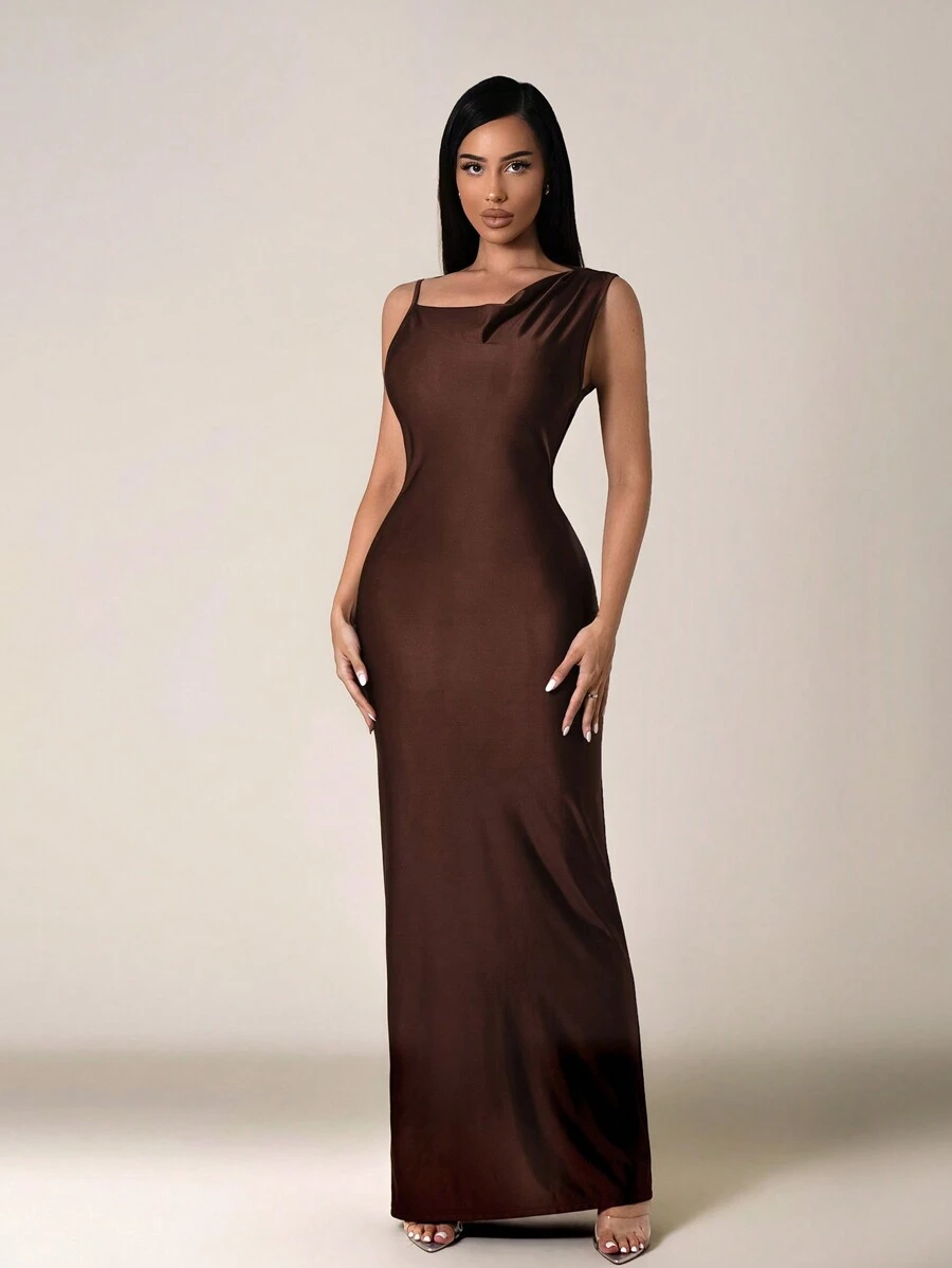 Zolique Women Elegant Plunging Neck Backless Dress - Brown - View 1