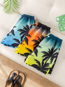 SHEIN 3pcs Tween Boy Casual Versatile Comfortable Palm Tree & Beach Printed Loose Woven Beach Shorts/Swim Trunks Set, Buy 1 Get 2 Free
