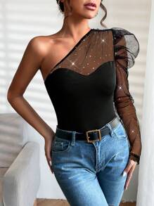 SHEIN Privé Women's One Shoulder Rhinestone Mesh See Through Top,Off The Shoulder Top - Black - View 4