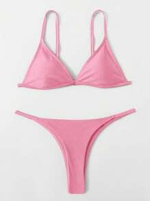 Swim Mod Simple Solid Color Casual Everyday Bikini Set, For Summer Beach Vacation - Pink - View 2