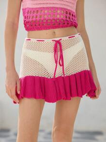 SHEIN Unity Rose Red Contrast Color Patchwork Hollow Out Knitted Sweater Skirt - Multicolor - View 4