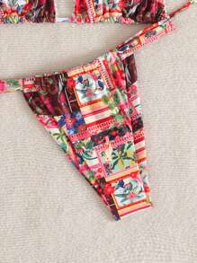 SHEIN Swim 女士全印花比基尼泳装套装，适合夏季海滩度假 - 彩色 - 查看 4