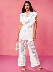 VERO DIAZ Blusa elegante con volantes de encaje y gasa blanca en estilo bohemio y de diseñador para primavera y verano, ideal para vacaciones, crucero, salir, festival, Ibiza