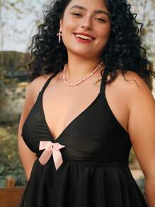 Swim Mod Plus Size Women 2pcs Cute Bow Embellished Spaghetti Strap Top And Bottom Tankini Set, For Summer Beach Vacation - Multicolor - View 5