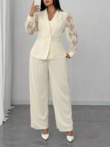 SHEIN Unity Plus Size Fashion Business Mesh Splice Jacket And Pants Suit Graduation,Back To School,Teacher Outfits For Women - Apricot - View 3