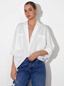 Aveloria Affinna Women's White All-Match Versatile Casual Loose Fit Lapel Collar Deep V-Neck Oversized Pocket Design Long Sleeve Blouse, European And American Minimalist Style