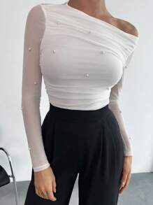 Firerie Áo thun dài tay họa tiết ngọc trai bất đối xứng thanh lịch dành cho nữ, Thu/Đông - trắng - Xem 1