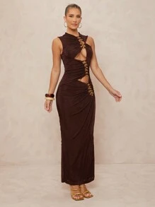 Lumalex Spring Old Money Outing Summer Swimsuit Swimwear Swim Vacation Easter Bohemian BOHO Sea Beach Hot Outdoor Richly Layered Wedding Season Banquet Coming Of Age Ceremony Beach Seaside Off Gold Metallic Trimmed Ruched Collar Long Dress For Women - Brown - View 7