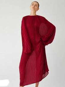 SHEIN Privé Elegant European Style Chiffon Long Sleeve Pleated Dress For Women Fall Cloth For Women - Burgundy - View 4