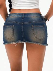 SHEIN Tall 复古做旧磨边低腰牛仔迷你裙 - 中等水洗藍 - 查看 2