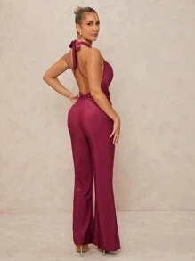 Lumalex Spring Outing Summer Swimsuit Swimwear Swim Old Money Vacation Bohemian BOHO Sea Beach Hot Outdoor Wedding Season Banquet Coming Of Age Ceremony Seaside Deep V-Neck Backless Ruched Waist Women's Jumpsuit - Red Violet - View 3