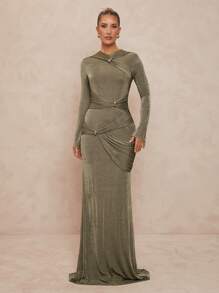 Lumalex فستان نسائي ضيق، رقبة طواقم، مزين بالمعدن، أكمام واسعة مجعدة