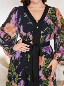 Modelyn Plus Size Chiffon Floral Romantic Elegant A-Line Tie Waist Dress - Black - View 1