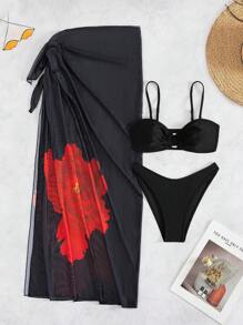 Swim EVENT 3 pièces Set Springbreak : Cache-maillot à motif floral noir, robe de plage, bikini sexy et élégant, convient pour la fête, les vacances, le casual - Noir - Voir 7