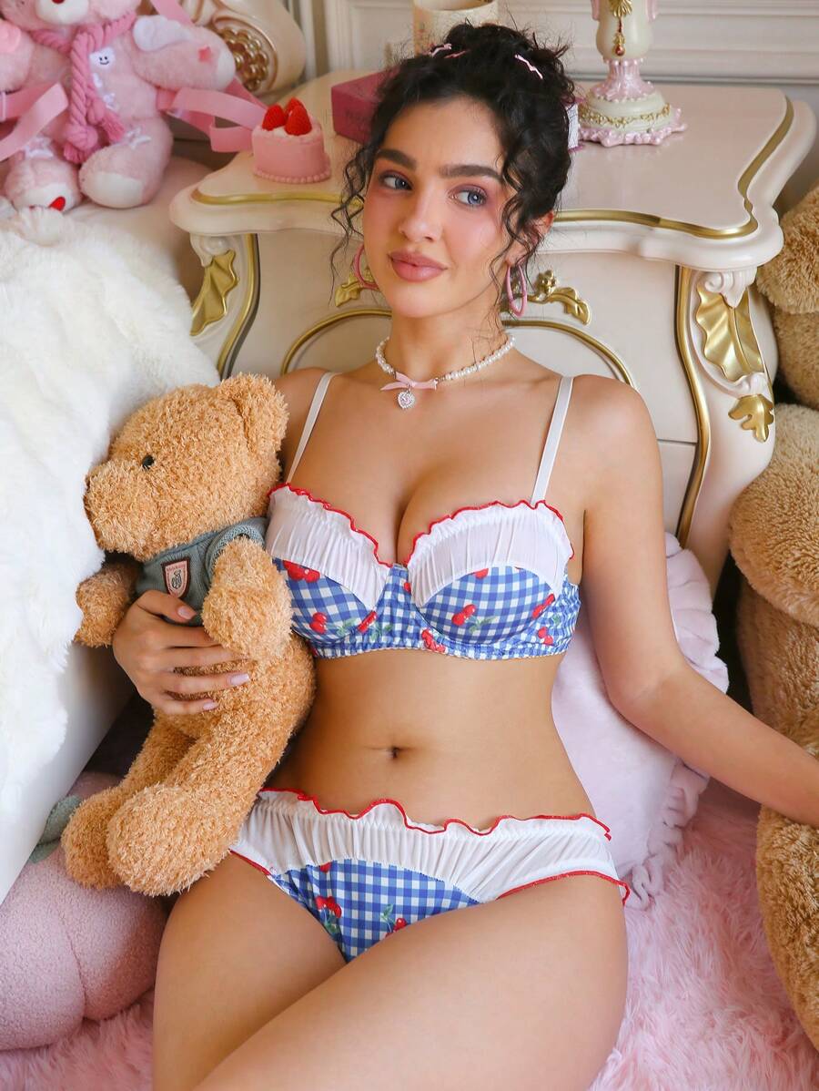 PetitDoll 2pcs/Set Women Sweet & Cute Cherry Print Lingerie Set - Multicolor - View 1