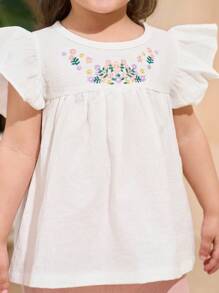 Baby Girls 2 Pieces Set:Cute White Chiffon Blouse,Ruffle Cap Sleeves Embroidered Floral Design&Pink Straight-Leg Pants,Summer Vacation Holiday Outfit - Multicolor - View 3