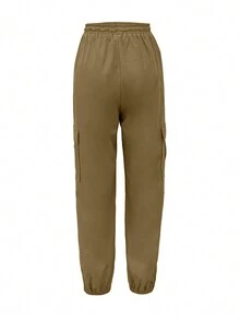 SHEIN PETITE Women's Casual Elastic Waist Drawstring Fitted Slim Cargo Pants With Pockets, Spring/Summer - Khaki - View 2
