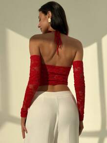 TrendSteals 女款 3D 玫瑰花卉蕾絲上衣 - 紅色 - 查看 3
