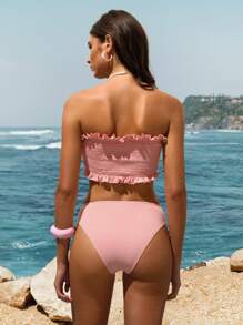 Swim Mod Women Lace Up Ruffle Trim Bandeau Bikini Set, For Summer Beach Vacation - Pink - View 2