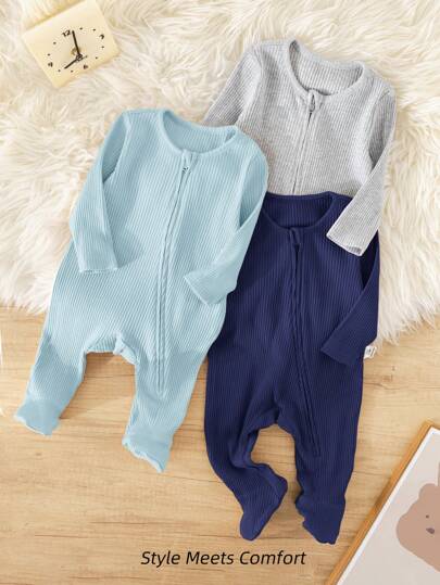 Newborn Baby Boy 3-Pack Minimalist Comfortable Long Sleeve Round Neck Zip Front Soft Knit Jumpsuit Sets
