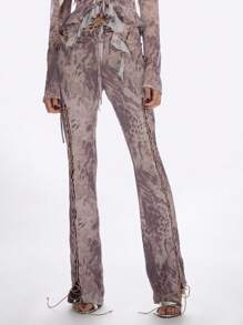 MISSGUIDED Pantalones de campana con estampado de estilo Y2K, de malla con detalle de cordón y volante, ideales para fiestas nocturnas, baile y clubes