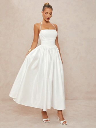 Lumalex 女式低胸挂脖缎面拼布褶皱腰超长 A 字形连衣裙