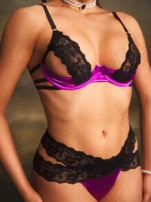 Lace Hollow-Out Contrast Color Sexy Lingerie Set For Women - Multicolor - View 3