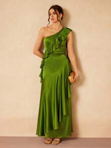 Gabriela Silveira Designer Solid Green Satin Ruffles Asymmetrical Neck Neckline Flared Hem Maxi Dress, Festival, Concert Outfit, Rave, Prom Dress - Green - View 5