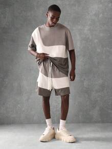 SUMWON Luxury Streetwear Co-Ord Set Two-Tone Color Block Short Sleeve T-Shirt And Drawstring Shorts Matching Athletic Loungewear Premium Summer Sports Set - Multicolor - View 1