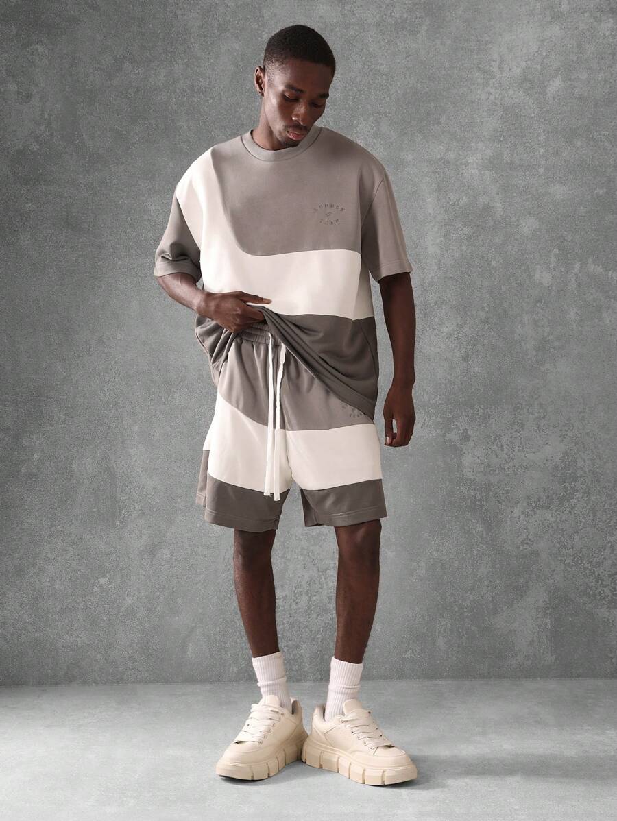 SUMWON Luxury Streetwear Co-Ord Set Two-Tone Color Block Short Sleeve T-Shirt And Drawstring Shorts Matching Athletic Loungewear Premium Summer Sports Set - Multicolor - View 1