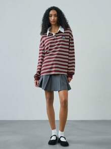Easelle Easelle Striped Polo Collar Long-Sleeved Top T-Shirt Spring And Summer 2025 Retro Casual Daily Versatile