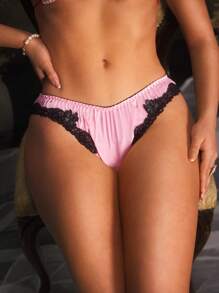 Women's Retro Palace Satin Lace Patchwork Triangle Panties - Pink - View 7